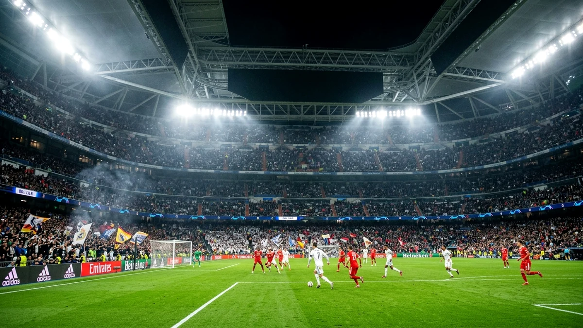 Ambiance électrique dans un stade européen moderne lors d'un match de Ligue 1